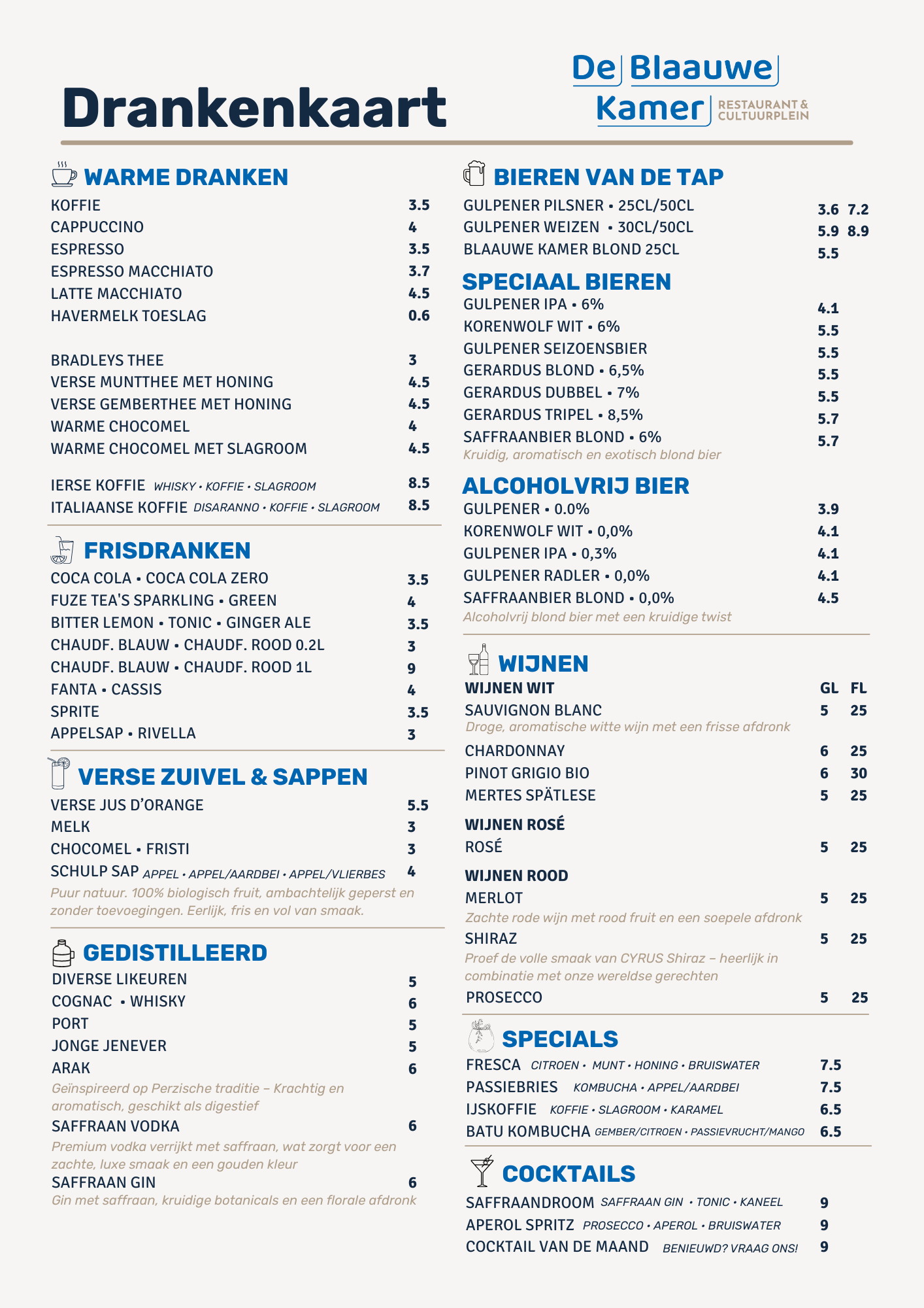 Restaurant & Cultuurplein De Blaauwe Kamer Menu April